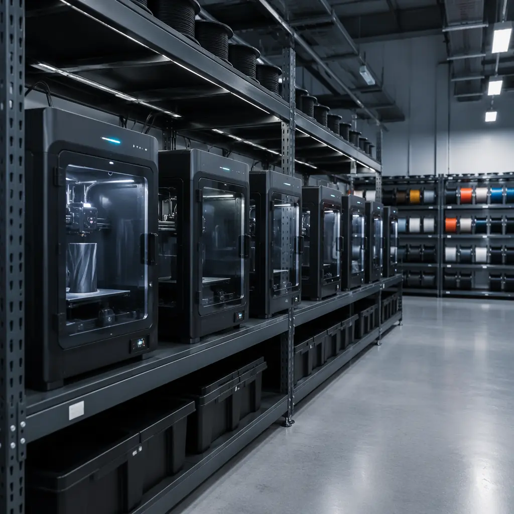 Professional enclosed 3D printer in a print farm environment with rows of machines operating under controlled lighting, engineering filament spools visible