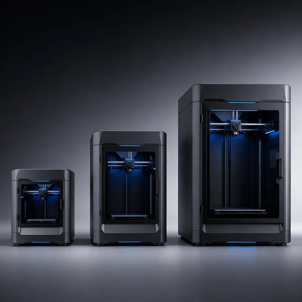 Clean product photography of three 3D printers arranged on a gradient background from small to large, representing the three-tier product line with consistent brand design