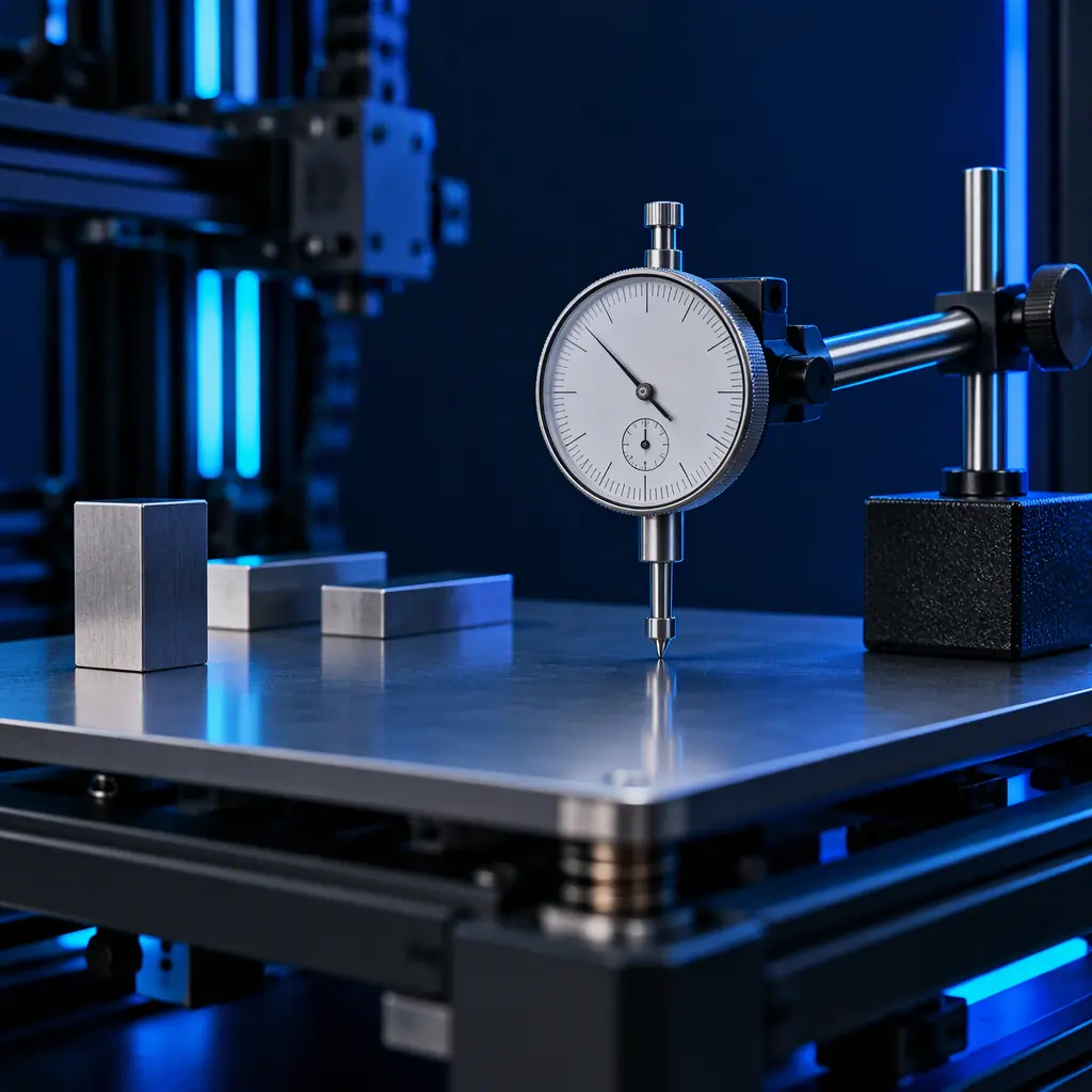 Metrology technician measuring a calibration artefact on the build plate of an industrial 3D printer, dial indicator and gauge blocks visible, dark laboratory with blue accent lighting