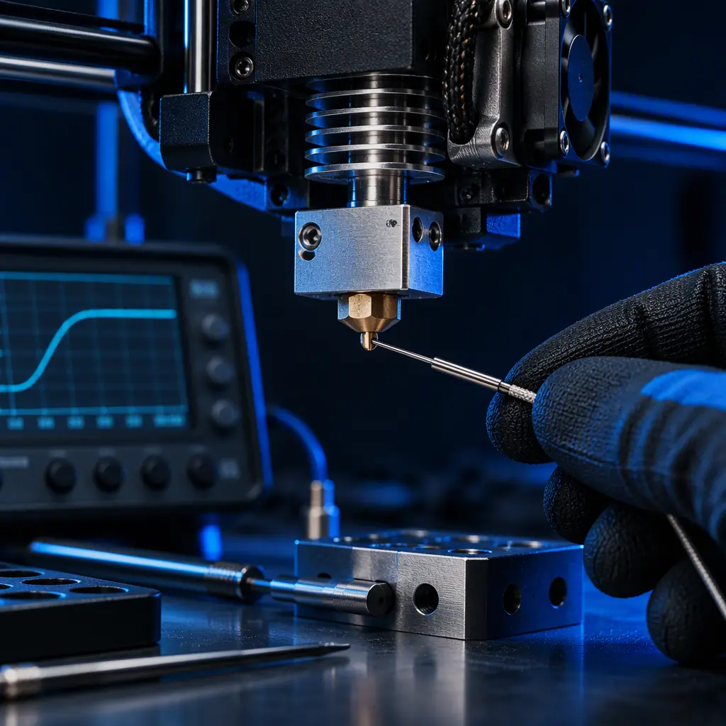 Calibrated gauge blocks and a dial indicator resting on an industrial 3D printer build plate during a dimensional accuracy check, dark blue industrial lighting