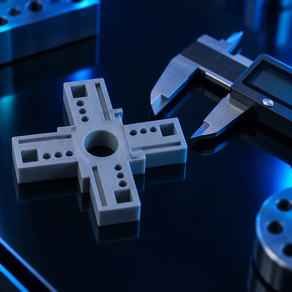A printed dimensional accuracy calibration artefact on a dark reflective surface beside digital calipers, industrial 3D printing quality context