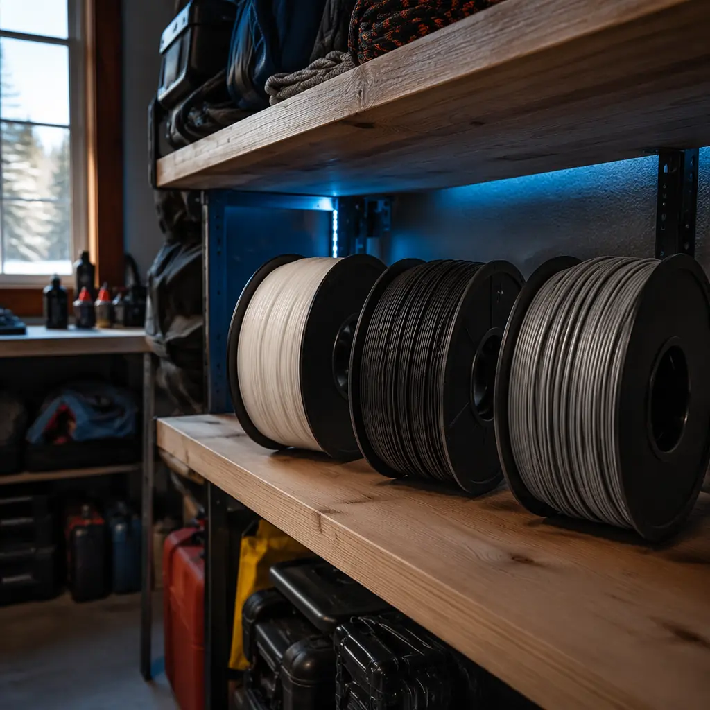 Filament spools in PETG ASA and nylon on a shelf in an outdoor gear workshop, natural window light, photorealistic, no people, no text, no logos
