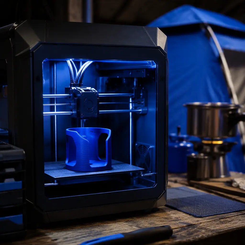 3D printer printing an outdoor accessory beside camping gear on a workshop bench, tent fabric and stove visible in soft background, photorealistic, no people, no text, no logos