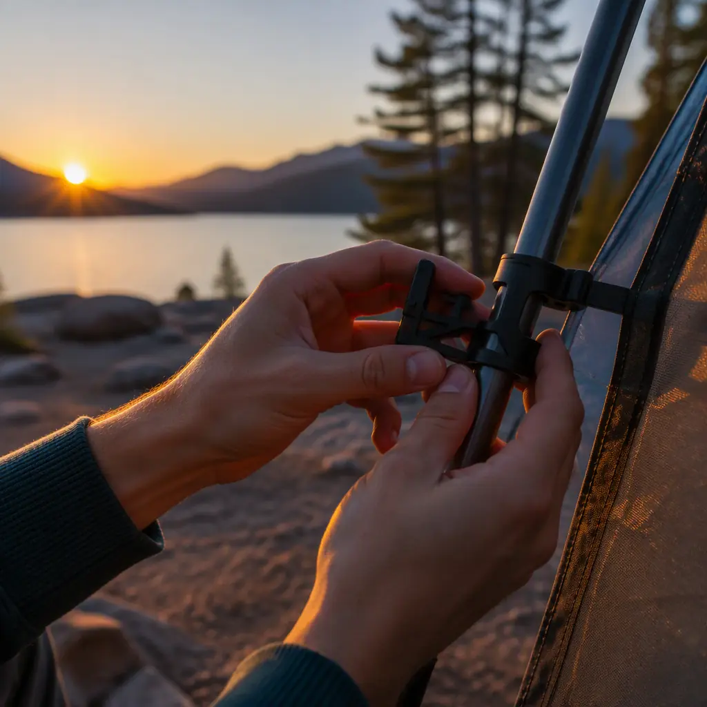Hands fitting a 3D printed lantern mount onto a tent pole at a campsite, hands only no face, golden hour lighting, photorealistic, no text, no logos