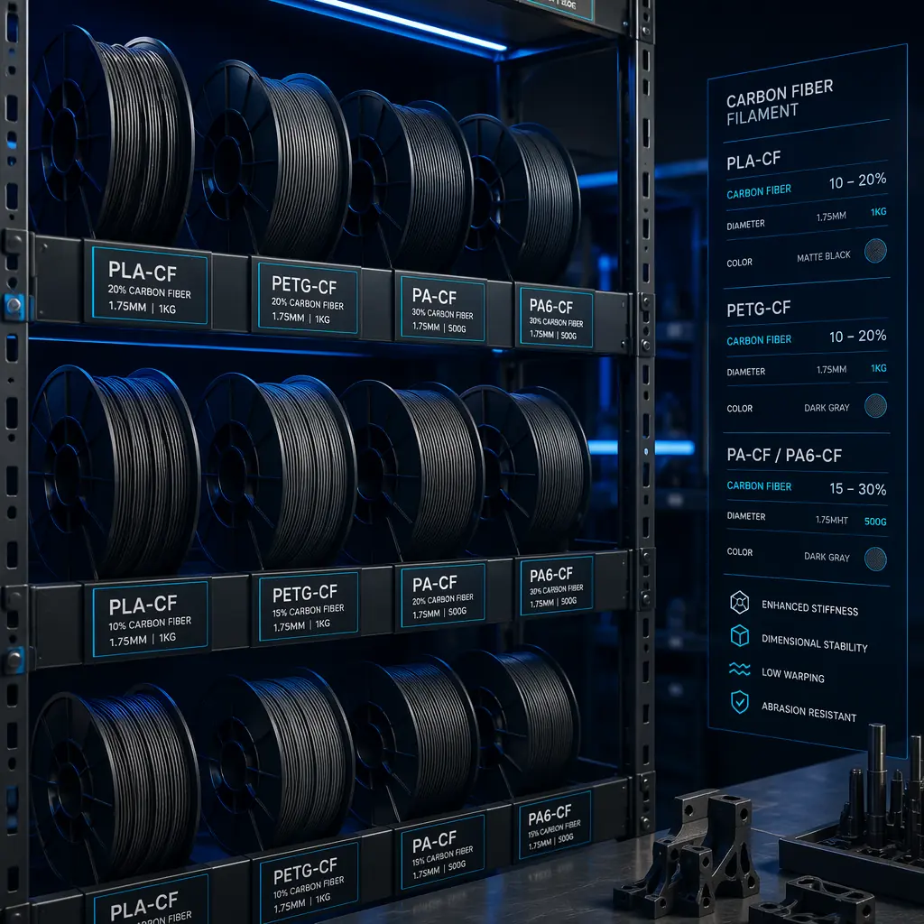 Carbon fiber filled filament spools on warehouse shelf, engineering-grade materials with data sheet labels visible, industrial lighting