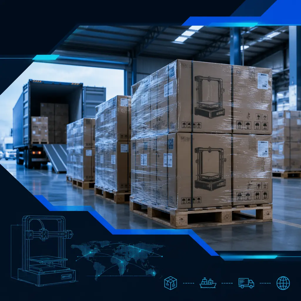 Financial dashboard showing cash flow waterfall chart, accounts receivable aging report, and inventory turnover metrics, with 3D printer units in warehouse background, navy and steel blue professional financial analysis aesthetic