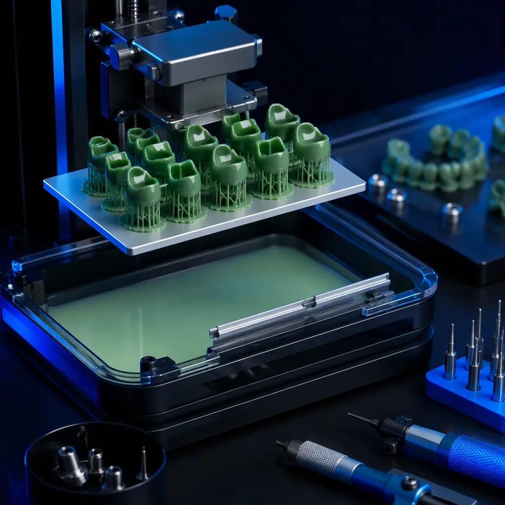 Ceramic resin SLA 3D printer with UV cover printing a green zirconia dental crown, photopolymer ceramic resin bottle beside the machine, lab setting with precision instruments