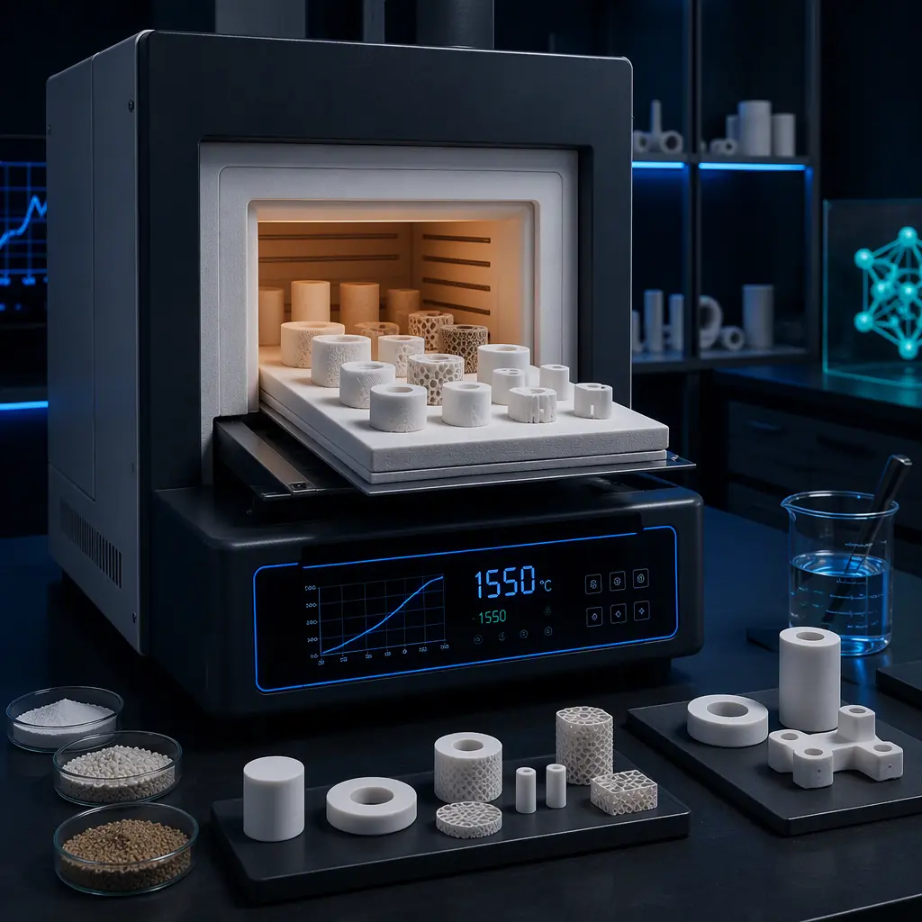 Sintering furnace with ceramic parts on a kiln tray, white alumina and zirconia parts at various stages, high-temperature kiln with digital controller, laboratory setting