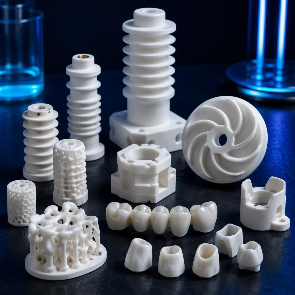 Assortment of 3D printed ceramic parts on a dark lab bench: white alumina electrical insulators, zirconia dental copings, ceramic casting cores, and a small pump impeller, professional studio lighting