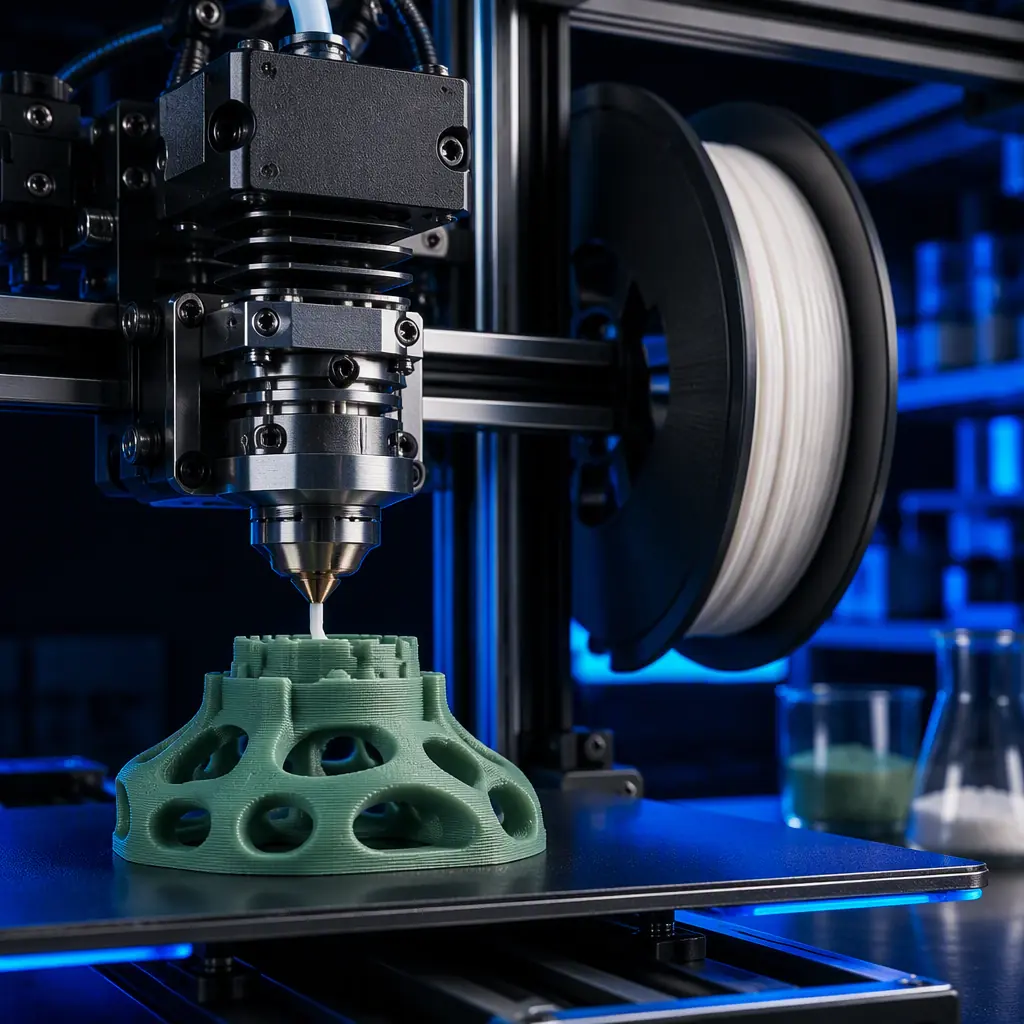 Close-up of hardened steel nozzle extruding ceramic filament on an FDM 3D printer, white ceramic-loaded filament spool mounted, green ceramic part being printed on the build plate, lab setting