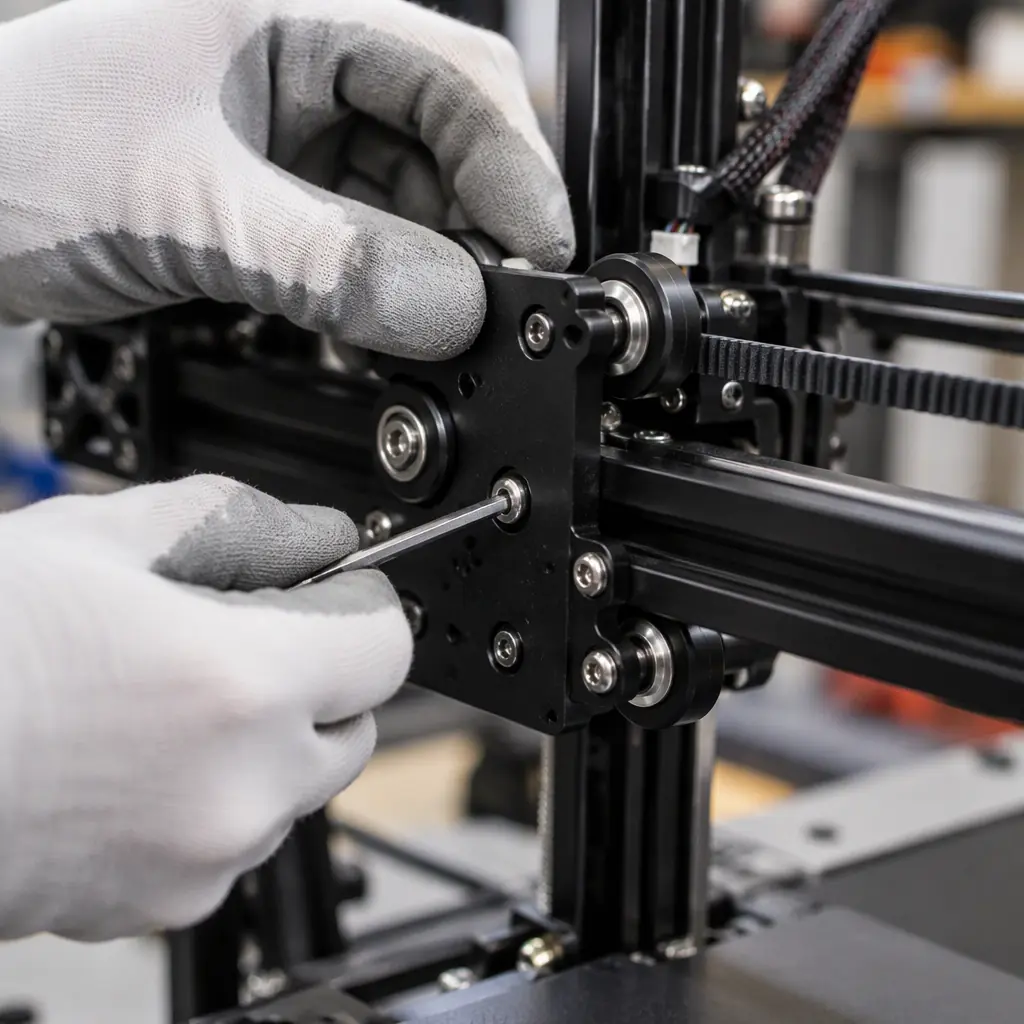 Two technicians working on an open 3D printer in a bright service workshop, tools on a bench tray, one pointing at the motion assembly, industrial setting, natural light, medium distance