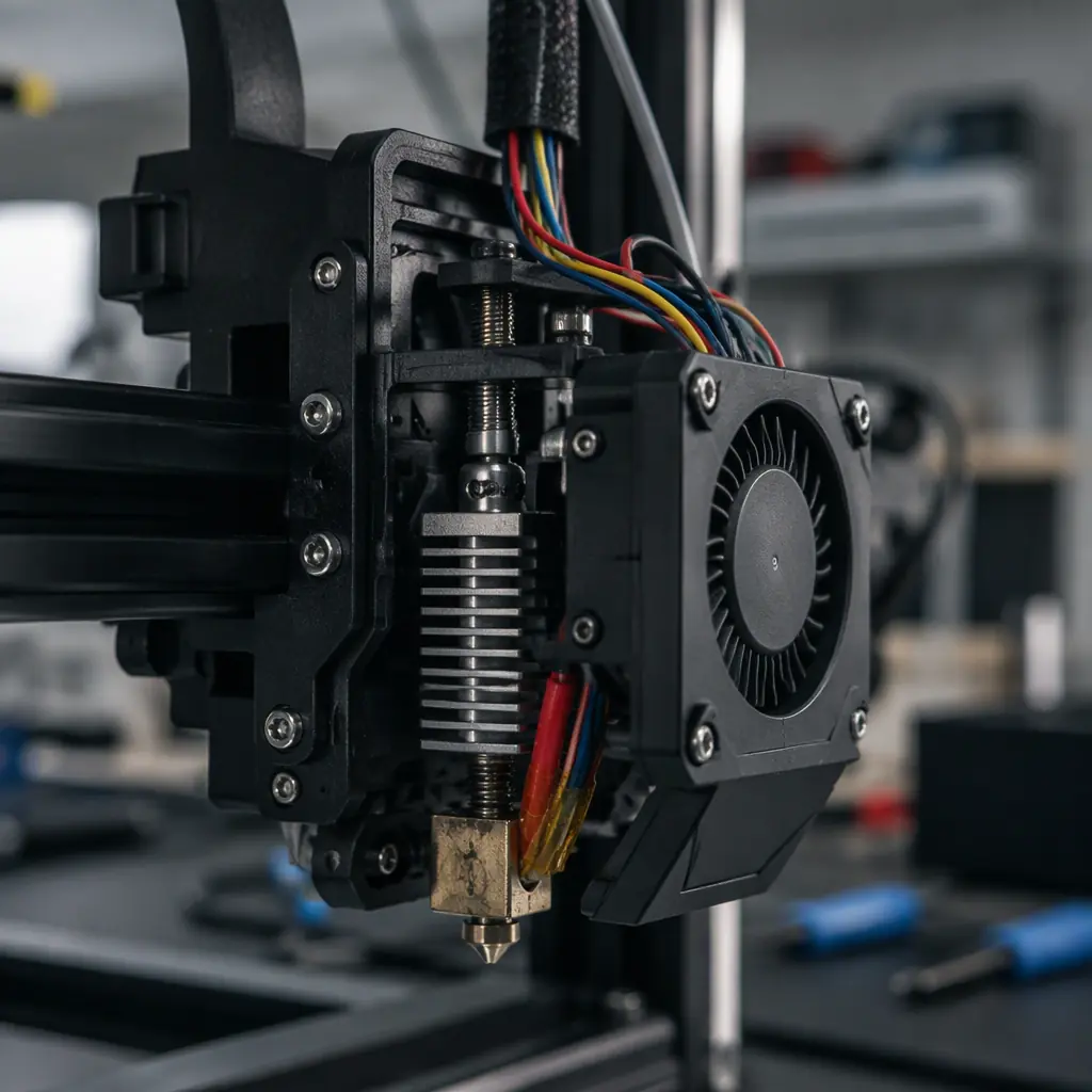 Print head assembly partially removed from a printer gantry, hotend and wiring visible, technician bench background blurred, cool industrial lighting, macro detail