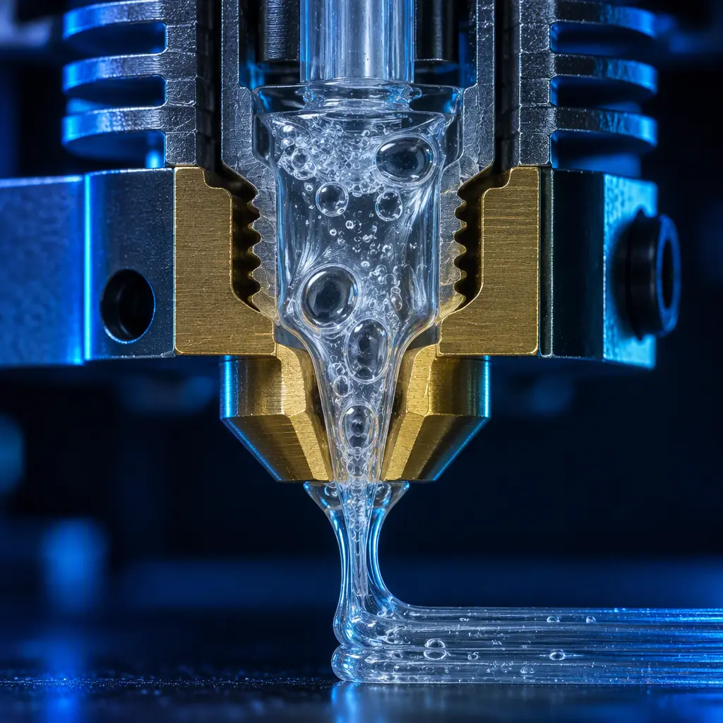 An industrial 3D printer with a fully enclosed heated chamber and visible temperature display, a filament dryer unit beside it with spools inside, engineering workshop, cool blue accent lighting