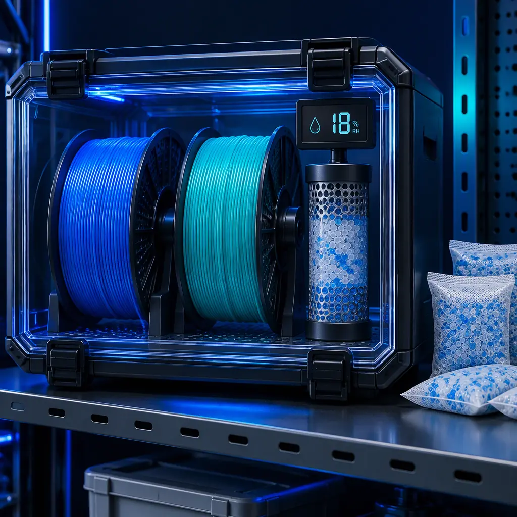 Cutaway macro view of a 3D printer hotend extrusion showing steam bubbles forming in molten polymer at the nozzle, translucent melt with visible voids, high detail engineering photography