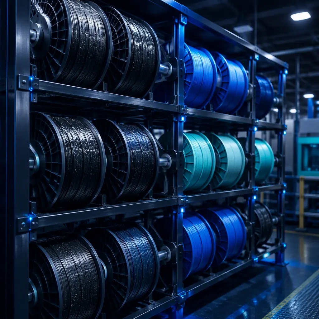Several engineering filament spools labeled for chemical duty on a warehouse shelf in industrial lighting