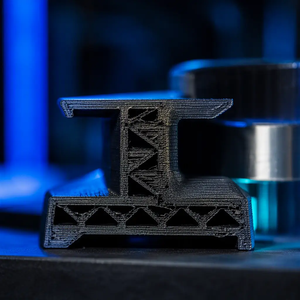Macro close-up of a 3D printed part cross-section showing distinct layer lines and internal voids