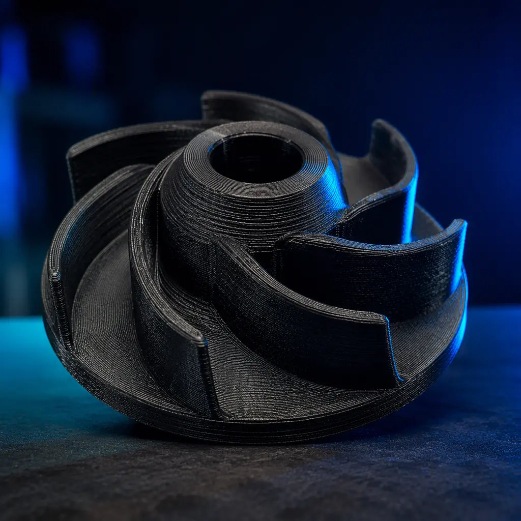 Macro close-up of a 3D printed pump impeller in black carbon-fiber nylon on a workbench, precision engineering shot, dark industrial background, photorealistic, no people, no text, no logos