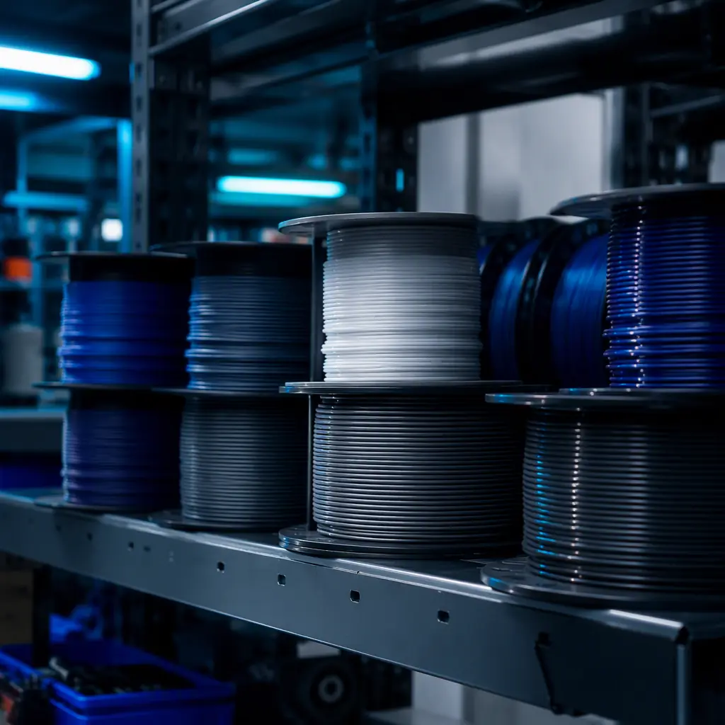 Spools of engineering filament on a shelf in an industrial maintenance workshop, PP nylon and PPS labels visible, industrial lighting, photorealistic, no people, no text, no logos