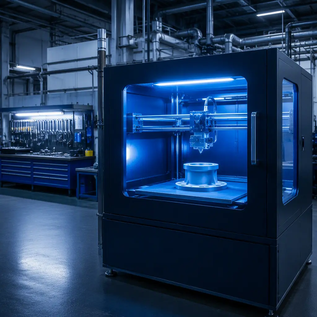 Enclosed 3D printer running in a plant maintenance shop with a printed flange visible on the build plate, industrial workspace, photorealistic, no people, no text, no logos