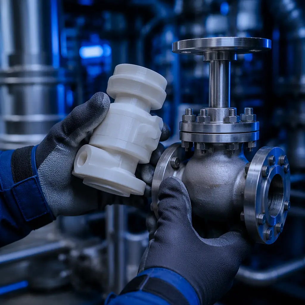 Technician hands in safety gloves inspecting a 3D printed valve component against a metal process valve, plant maintenance background, hands only no face, photorealistic, no text, no logos