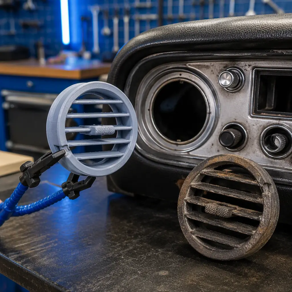 Classic 1970s sports car in a restoration workshop with a 3D printed dashboard vent louver held up next to the dash, tools and parts on benches