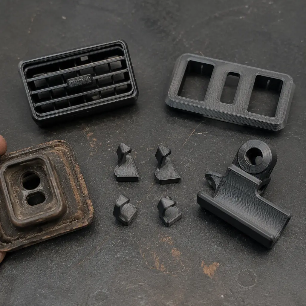 3D printed classic car interior trim parts - vent louver, switch bezel and door panel clips - laid out on a workshop bench beside an original worn part