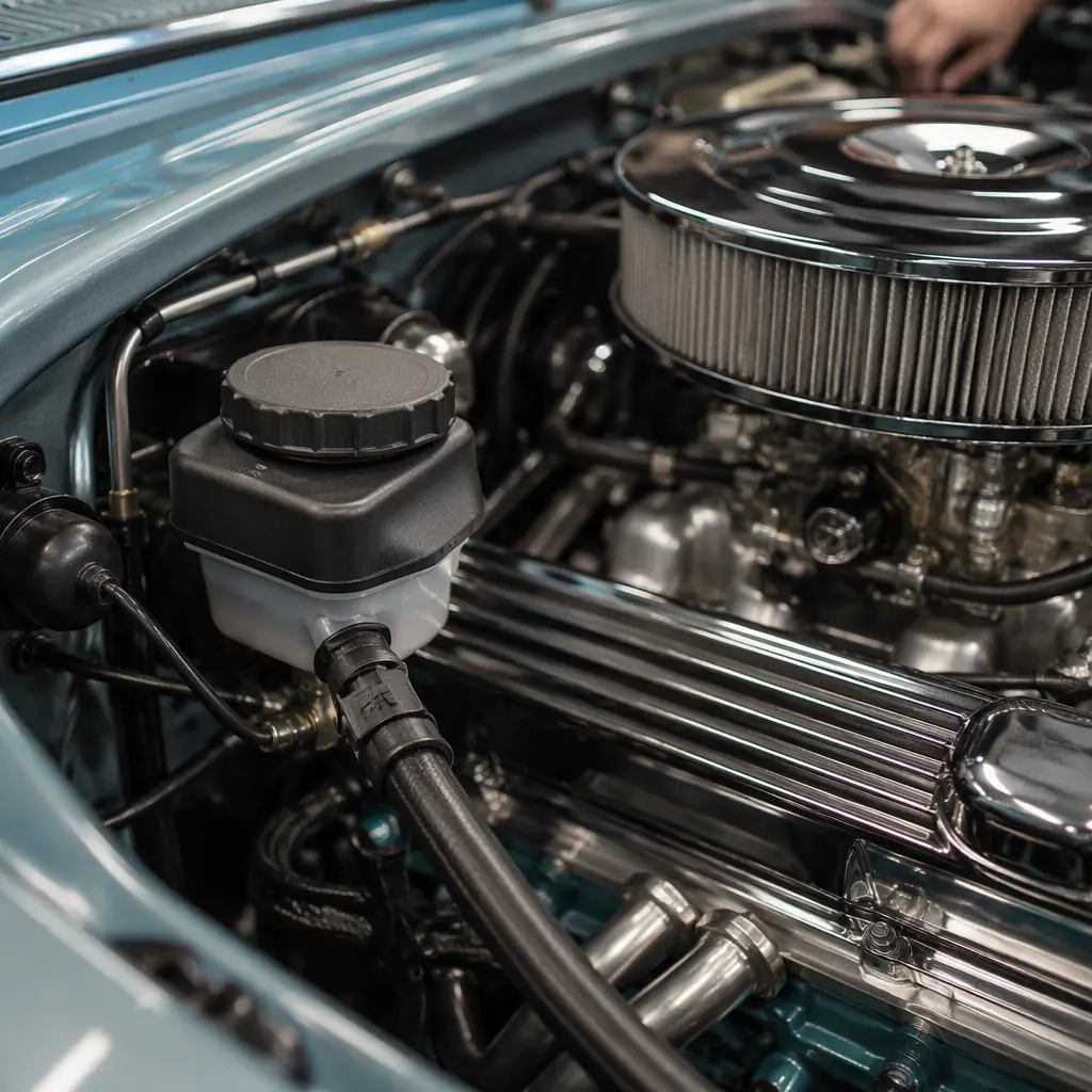 Engine bay of a classic car with 3D printed PA12 fluid cap and hose bracket installed, engine block visible, workshop lighting