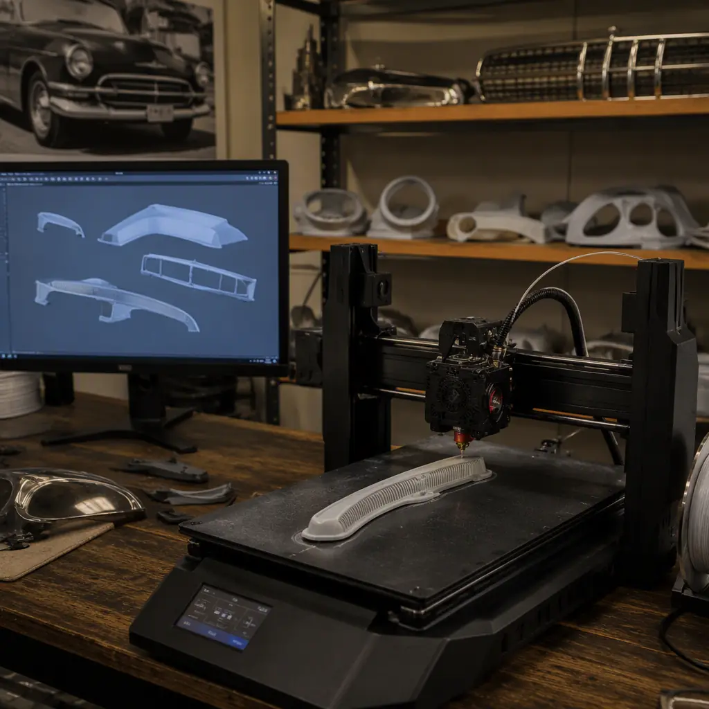 Digital library screen showing scanned classic car parts catalog with 3D models, a 3D printer printing a trim piece in the foreground of the workshop
