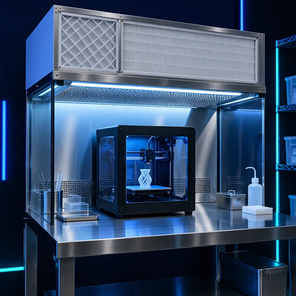 Photograph of a portable laminar flow hood with HEPA filter mounted above a small enclosed 3D printer on a stainless steel bench, clean uncluttered laboratory background