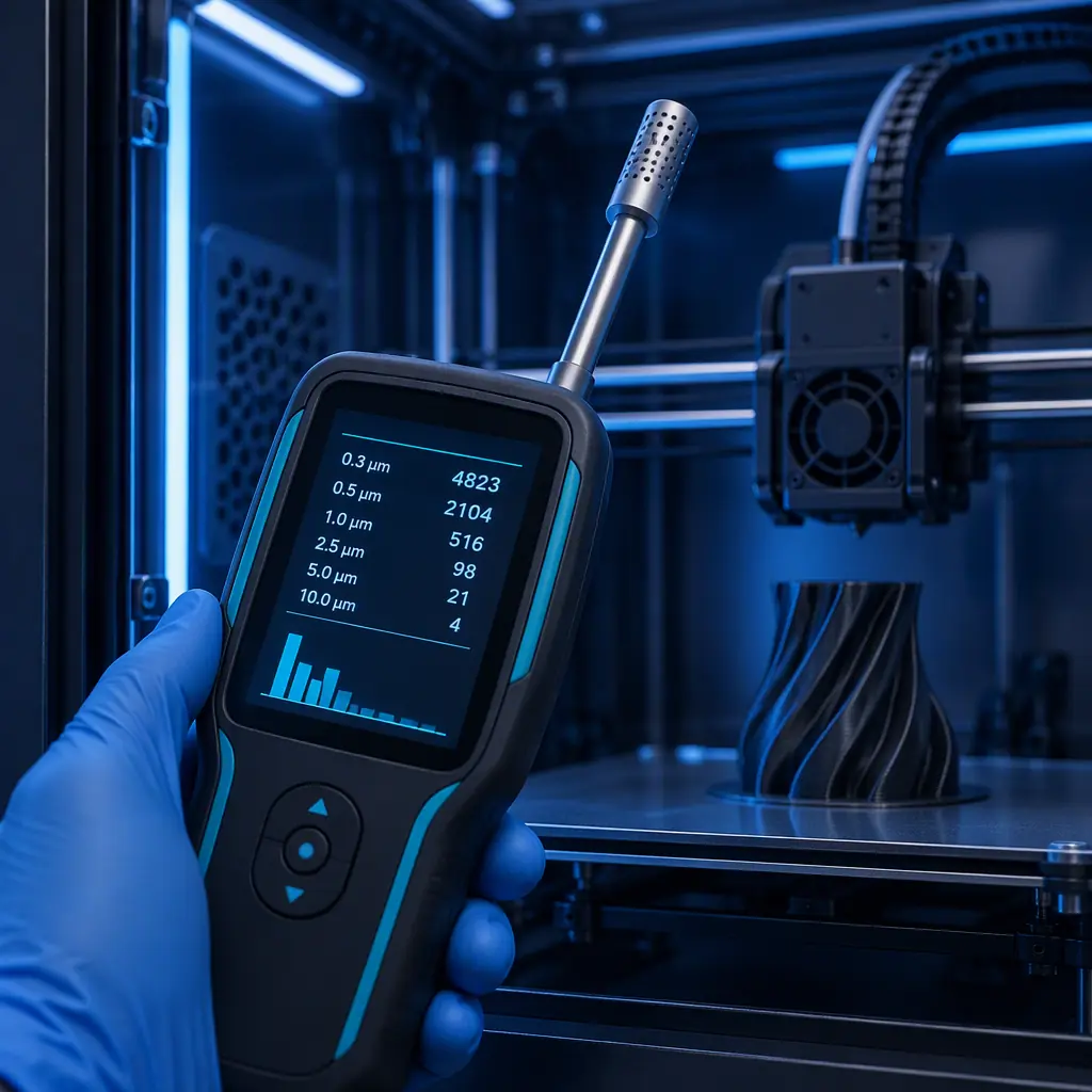 Close-up photograph of a handheld particle counter displaying a measurement readout while sampling air inside an enclosed 3D printer chamber, industrial laboratory lighting
