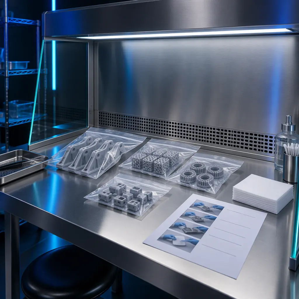 Photograph of a stainless steel clean bench with packaged 3D printed parts in sealed bags, lint-free wipes and a printed handling procedure sheet on the surface