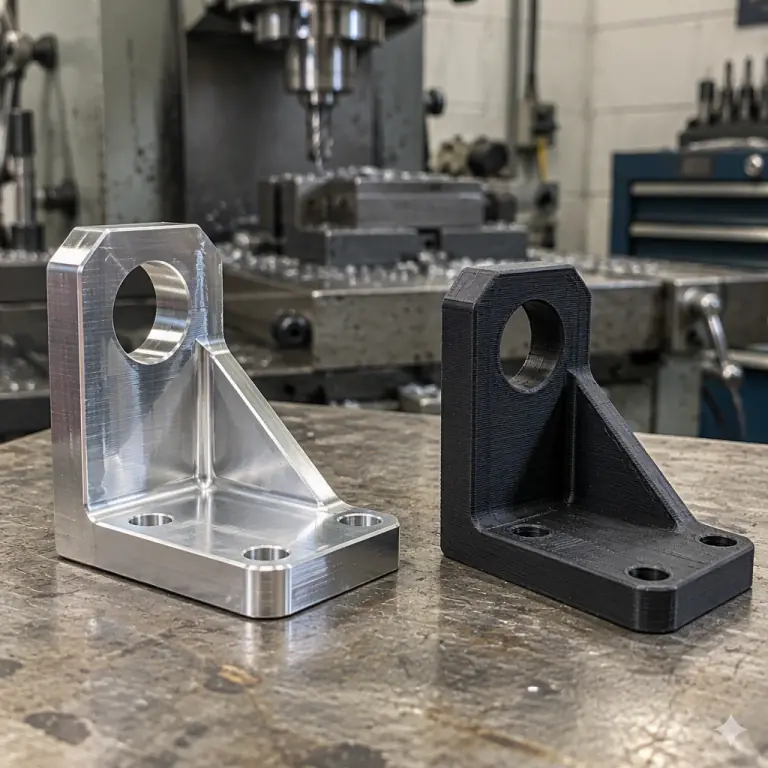 Photograph of a machined aluminium bracket and a printed bracket of similar geometry side by side on a workshop bench, with a milling machine out of focus behind them