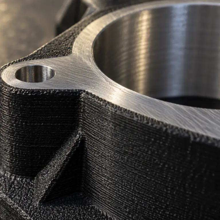 Macro photograph of a printed part with a machined sealing face and a precision bore, showing the contrast between the textured printed surface and the bright cut metal surface