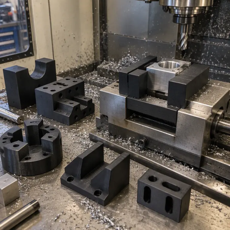 Photograph of a printed soft jaw fixture holding a metal part inside a milling machine vice, with a set of printed work-holding fixtures arranged on the bench alongside