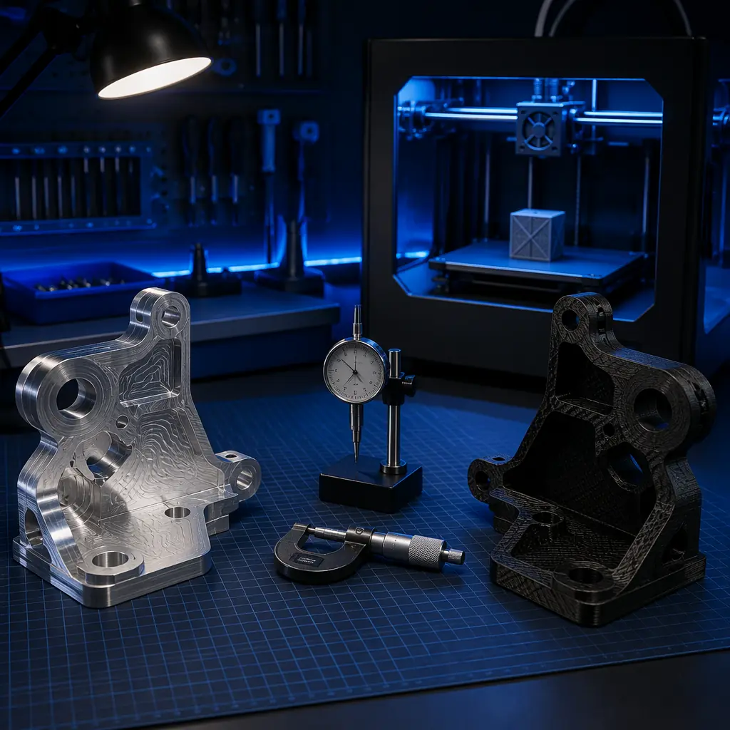 Side-by-side comparison on engineering workbench: CNC-machined aluminum bracket with visible tool marks next to identical geometry 3D printed in carbon-fiber nylon, digital caliper measuring both parts, technical datasheets in background, industrial workshop setting with machine tools visible