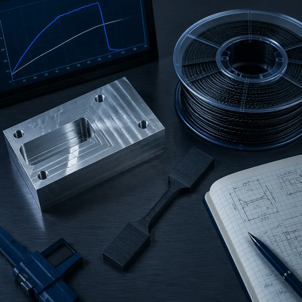 Engineering materials comparison display on dark surface: aluminum billet block next to carbon-fiber nylon filament spool and 3D printed test coupon with visible layer lines, digital microscope examining surface finish, material certification documents visible, industrial quality control setting with inspection tools