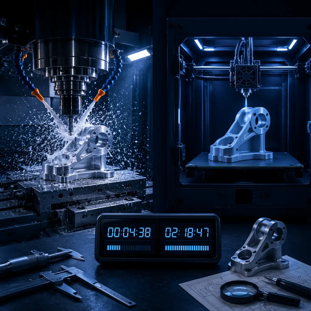 Split-screen manufacturing comparison: left side showing CNC mill with aluminum billet, coolant spray, and digital CAM programming screen; right side showing 3D printer building same geometry layer by layer with LED-lit print chamber; digital stopwatch in foreground showing time-to-first-part difference; professional industrial workshop environment