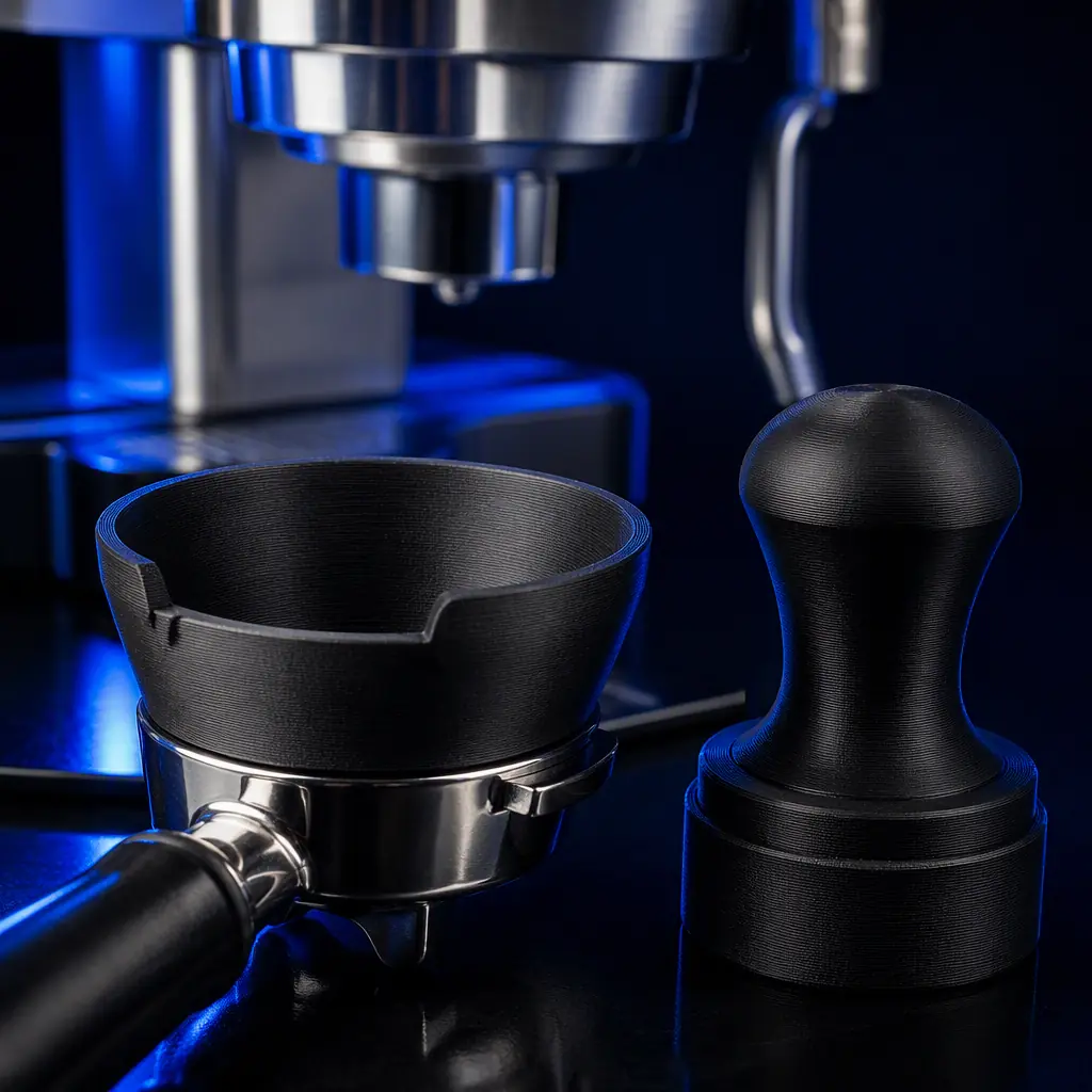 3D printed portafilter dosing funnel and tamper prototypes on a café workbench next to an espresso machine group head, brushed steel and black parts, macro studio shot, photorealistic, no people, no text, no logos