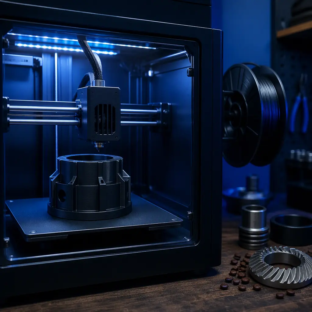 Enclosed 3D printer printing a nylon grinder burr carrier in a coffee equipment workshop, spool of black nylon filament visible, LED-lit print chamber, industrial lighting, photorealistic, no people, no text, no logos