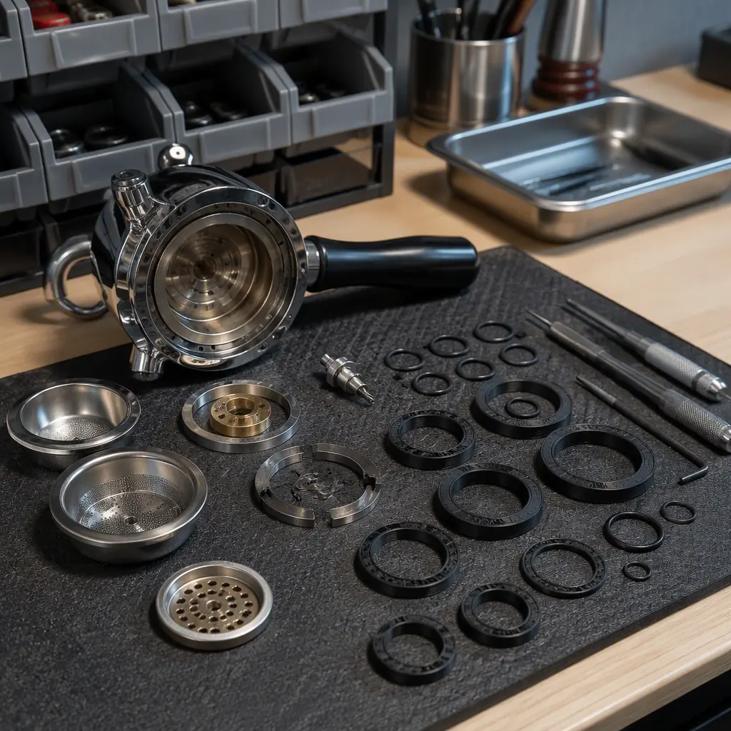 Coffee equipment service workbench with espresso machine group head open, 3D printed gaskets and seals laid out beside tools, technician workspace, parts organized in trays, photorealistic, no people, no text, no logos