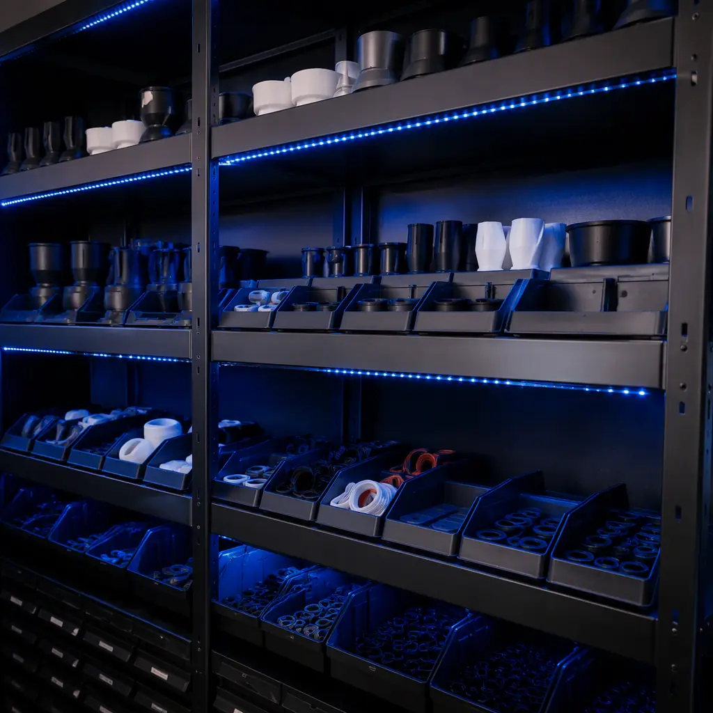 Rows of 3D printed coffee equipment parts on a shelf in a service shop, gaskets, funnels, hopper parts and tampers organized in labeled bins, workshop lighting, photorealistic, no people, no text, no logos