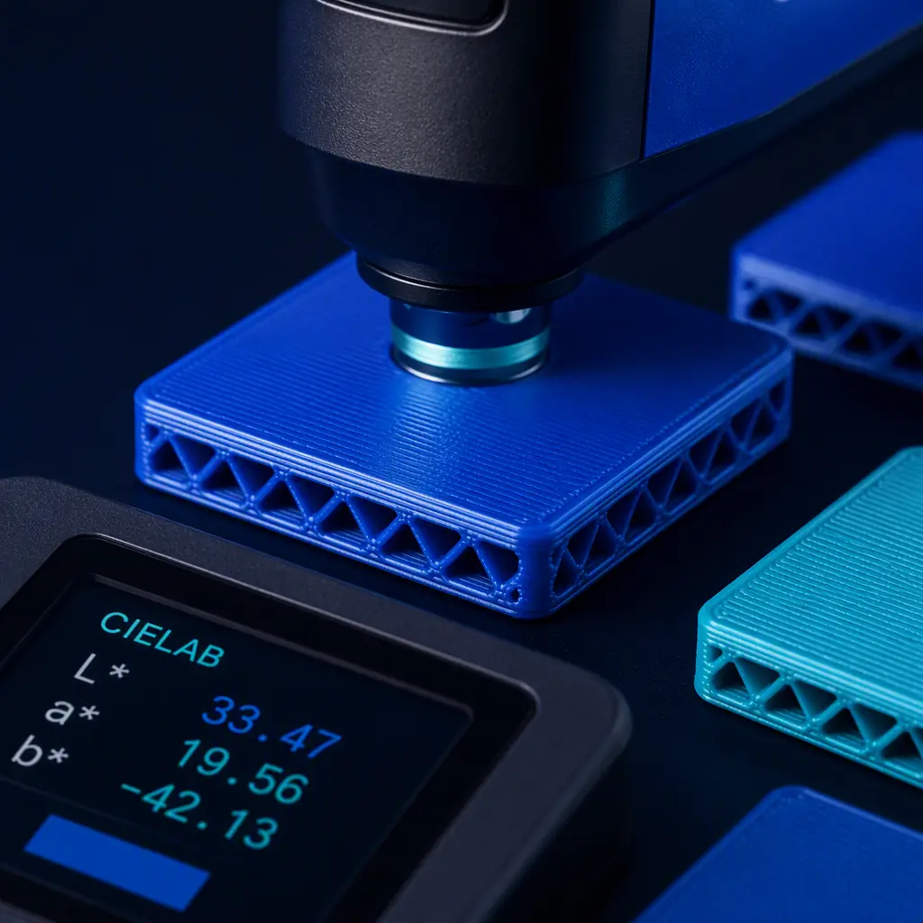 Close-up of a colorimeter measuring a 3D printed color swatch, printed plastic chips with L*a*b* values, dark engineering setting
