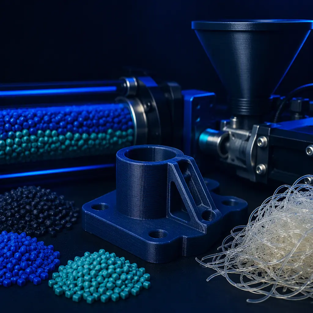 Color pigment masterbatch pellets and natural polymer strands beside a 3D printer hopper, engineered material compounding context