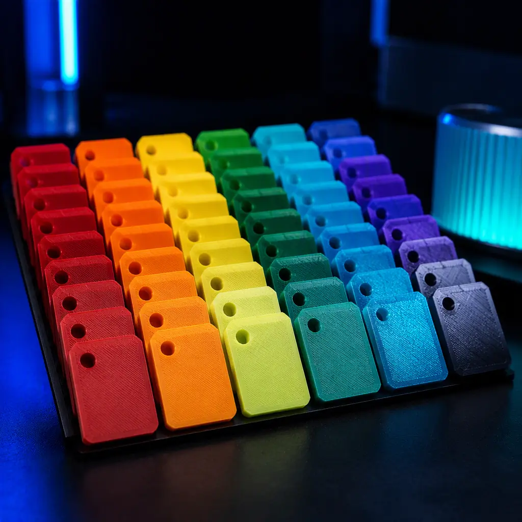 Array of 3D printed color swatches arranged in a spectrum gradient, metallic and matte finishes, dark studio bench