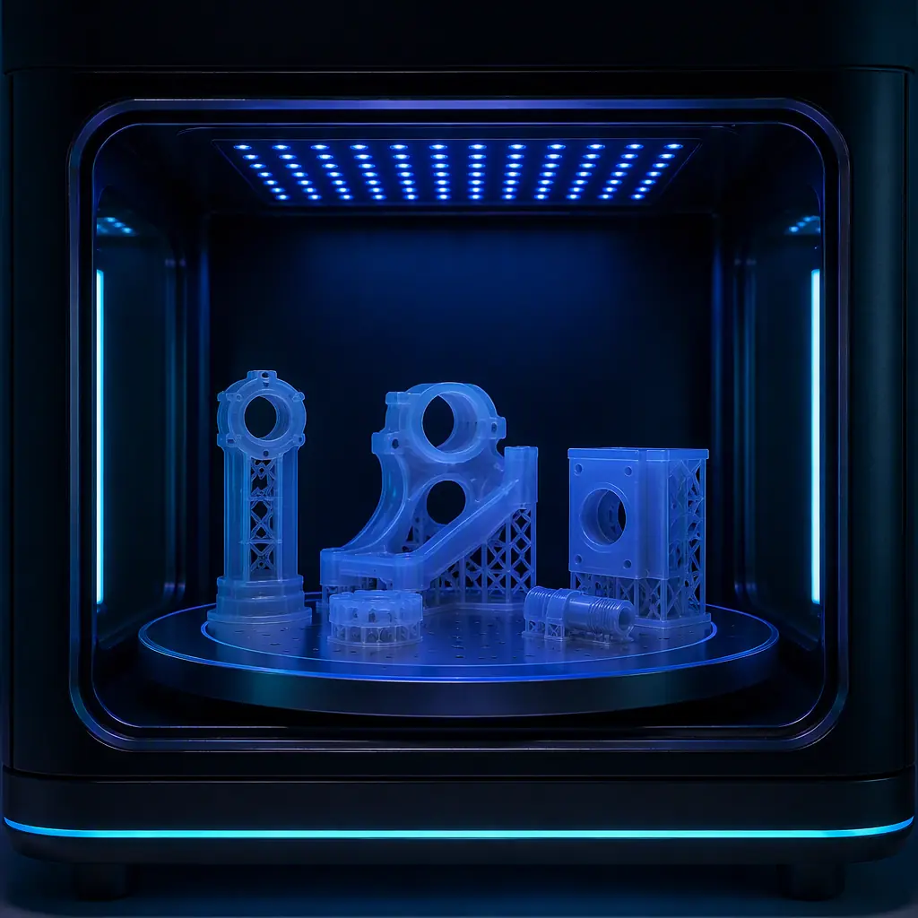 Resin 3D printed parts in a UV post-cure station showing consistent color after curing, controlled lighting