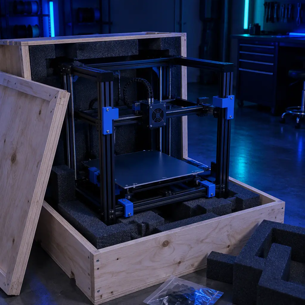 Photograph of a service engineer in a workshop kneeling beside an opened wooden crate with a 3D printer frame partially unwrapped, a laptop with a checklist on a bench nearby