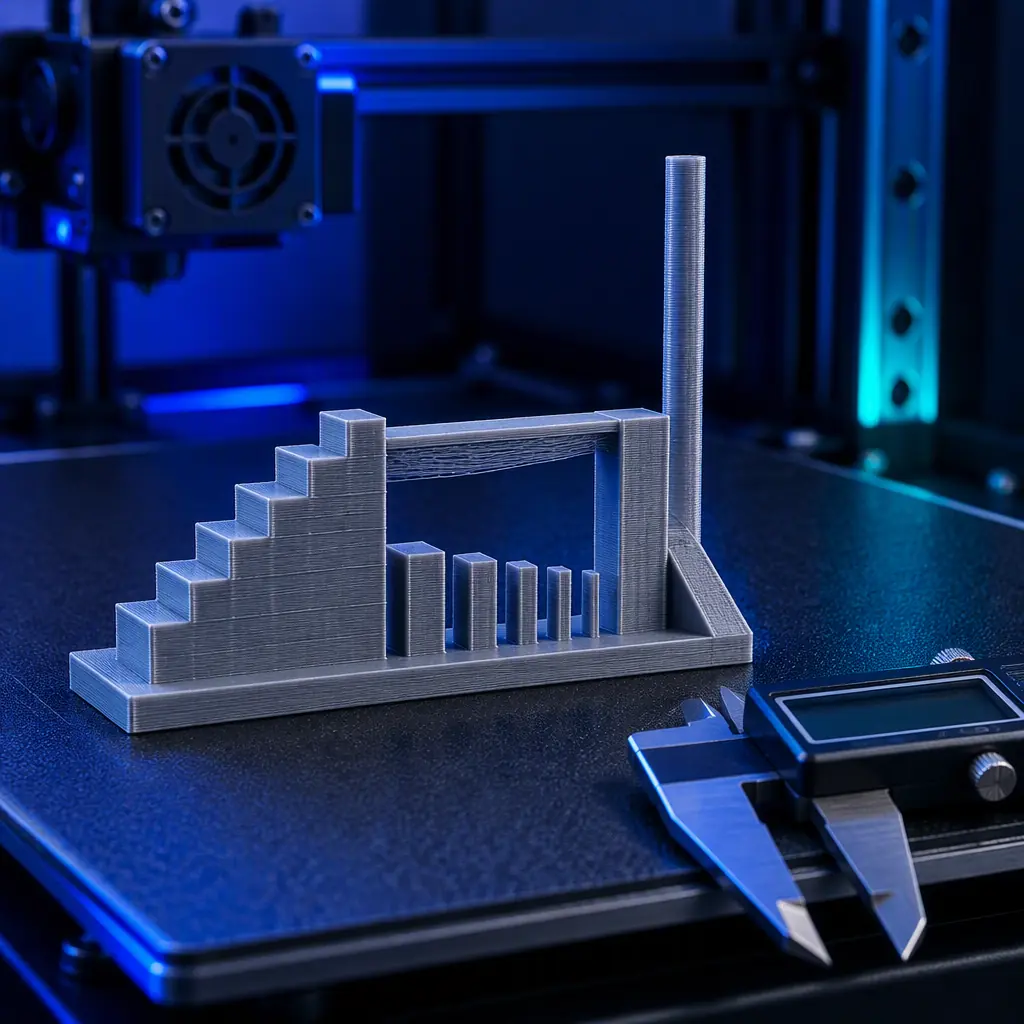 Close-up photograph of a machined acceptance artefact printed in grey filament on a printer bed, showing dimensional steps, a bridging span and a tall thin tower, with digital calipers resting beside it