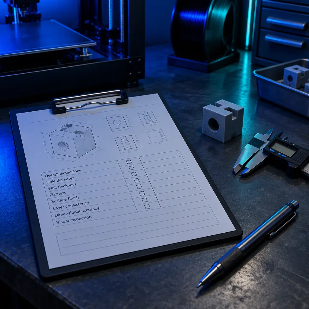 Photograph of a printed acceptance test sheet on a clipboard resting on a workshop bench, with a pen, digital calipers and a small grey printed test artefact beside it