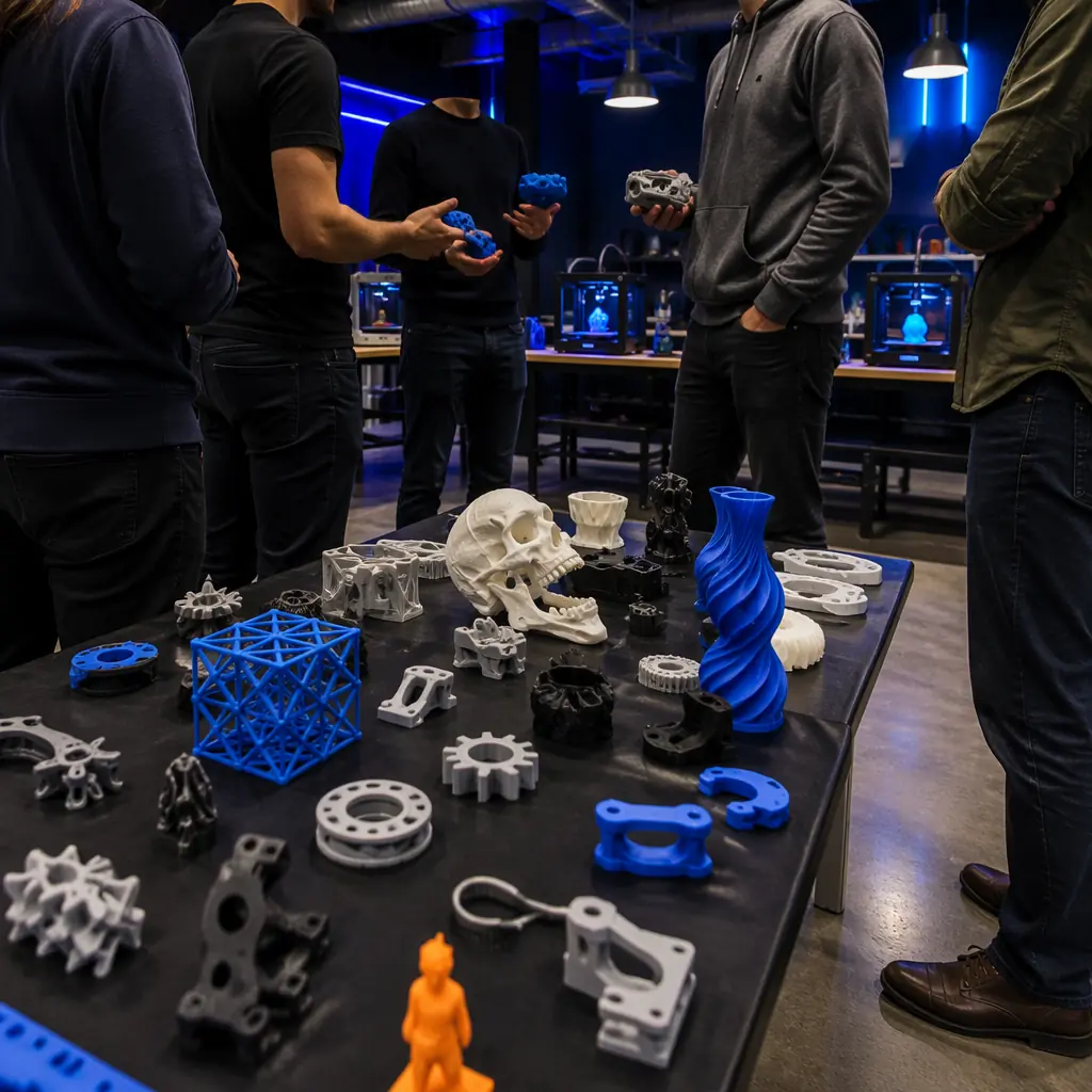 3D printer users gathered at meetup event, workshop environment with multiple printer models, sample prints displayed on presentation table, community setting, industrial-chic venue with navy and blue color scheme