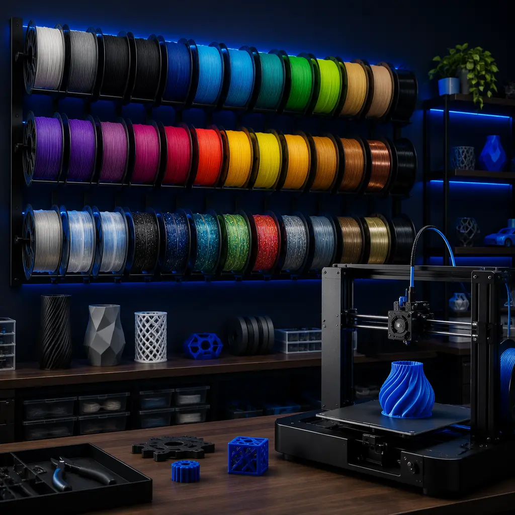 Filament spools organized on wall storage rack in 3D printer workshop, variety of colors and materials, consumables display, retail-ready presentation, deep navy background with electric blue accent lighting